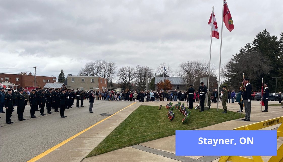 BrianSaunderson's tweet photo. On Remembrance Day, residents gathered at the 15 Cenotaphs in #SimcoeGrey to honour our men and women in uniform, past & present #Alliston #Angus #Beeton #Collingwood #Creemore #Everett #Lisle #NewLowell #Ravenna #Singhampton #Stayner #Thornbury #Tottenham #WasagaBeach #CFBBorden https://t.co/ujK2OsnZff