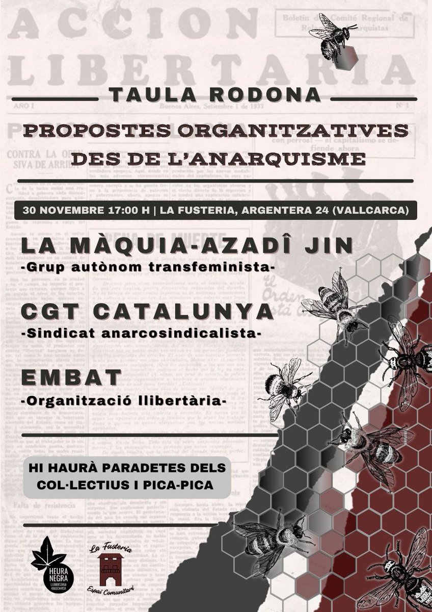 📣 El proper dissabte 30 de novembre estarem dinamitzant una taula rodona on comptarem amb <a href="/embatOLC/">Embat #PoderPopular</a> <a href="/CGTCatalunya/">CGT Catalunya 🚩🏴</a> @AzadiJin_Cat com a participants🫂

📍<a href="/LaFusteriaVKK/">La Fusteria</a>
⌚ 17h
🗓️ 30/11

🎙️Parlarem sobre les  propostes organitzatives des de l'anarquisme a nivell de Catalunya.