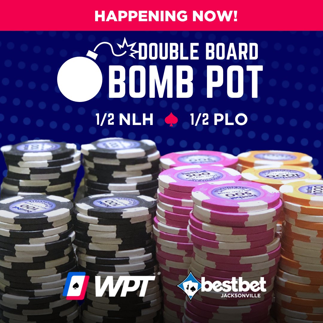 bestbet_jax's tweet photo. HAPPENING NOW! Event #11💣
$300 Double Board Bomb Pot - $300 NLH, Mixed NLH/PLO 🔥 Registration is open until the start of level 8 ⏰
Check the full schedule and structures here ➡️ https://t.co/Ou1LcuQt58
#bestbetjax #wpt #worldpokertour #pokertournament #doubleboard #bombpot #NLH #PLO