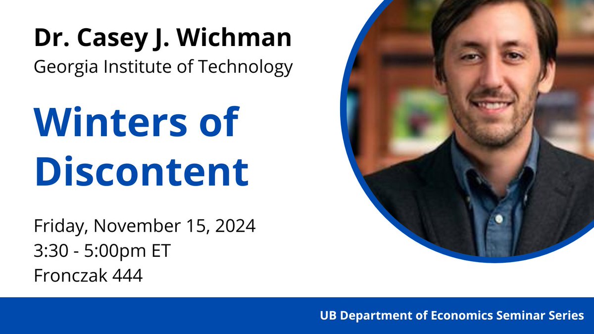 Join us for our seminar series this Friday (Nov 15), during which Prof. Casey Wichman (<a href="/GATechEcon/">Georgia Tech School of Economics</a>) will discuss how lake effect snow influences migration!

More information: arts-sciences.buffalo.edu/economics/news…

<a href="/UBCAS/">Arts and Sciences | University at Buffalo</a> #UBuffalo