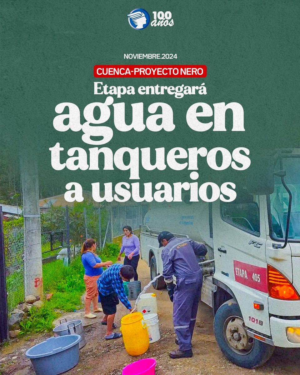 elmercurioec's tweet photo. #CUENCA | 🚰💧 ETAPA suministrará agua en tanqueros a los usuarios del #ProyectoNero, ayudando a 40,000 personas de El Valle, Turi y Baños, quienes llevan más de 15 días sin servicio: https://t.co/b2IpGVjEi0 https://t.co/XCV7KLUmNp
