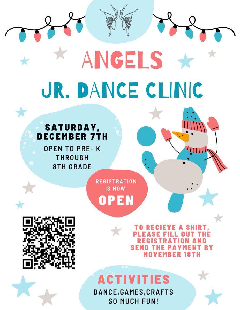 The Angels are hosting a junior dance clinic on December 7th from 8:30-12:30 pm! Sign up using the QR code or click on this link for a morning full of dancing and crafts! forms.gle/KboddpLMUPdxHX…
<a href="/MGMS_Gators/">Garcia Middle School</a> <a href="/sms_jaguars/">Sartartia Middle School</a> <a href="/MYE_Leopards/">Malala Elementary</a> <a href="/OCE_BlueJays/">Oyster Creek Elementary</a> <a href="/BBE_Bullfrogs/">Brazos Bend Elem.</a>  <a href="/WSE_Stallions/">Walker Station Elementary</a>