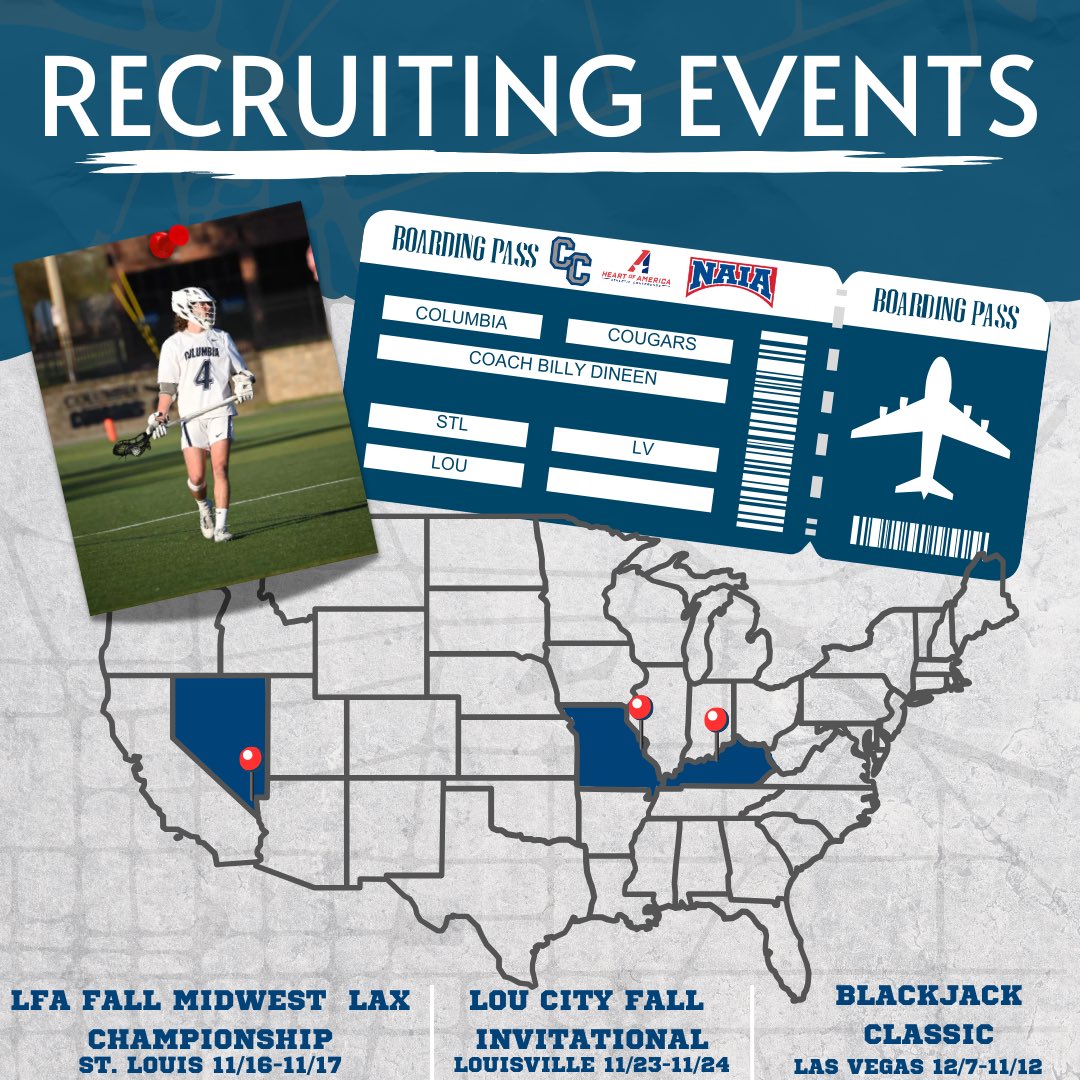 Columbia Cougars recruiting events coming up! St. Louis (11/16-11/17), Louisville (11/23-11/24), and Las Vegas (12/7-12/8)!