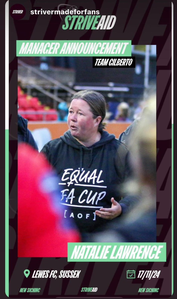 Our boss Nat Lawrence will be managing Gilberto Silva on Sunday. What are YOU doing this weekend? 🫵

#lewesfc #striveaid