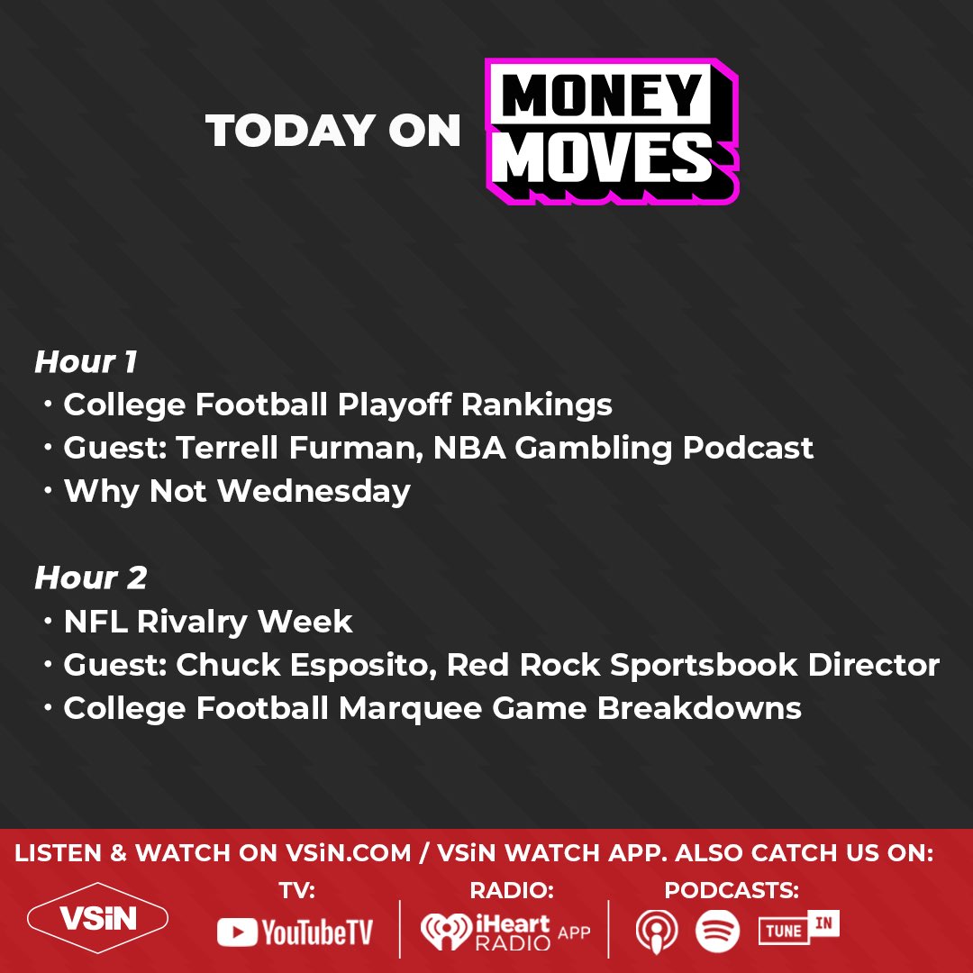 BrianOrtegaLV's tweet photo. Make sure to swing by #MoneyMoves on @VSiNLive with @StormBuonantony &amp; @TheWrapRadio 

We react to @Colts going back to Anthony Richardson &amp; the latest #CFB Playoff Rankings. 

@reallyrell__ will breakdown the NBA before we dive into #WhyNotWednesday 

https://t.co/WUsHMfYS7q https://t.co/OcvddqQP8T