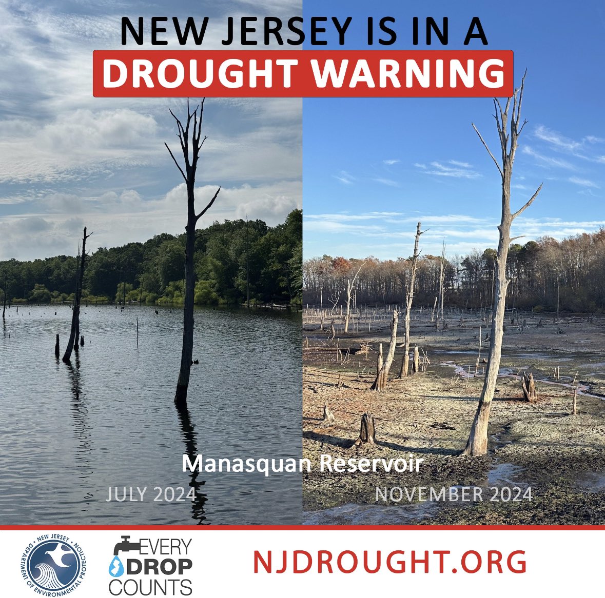 ⚠️ New Jersey is currently in a drought warning.

Since June, NJ has seen 6-11 inches LESS rain than normal. Help us conserve water with these tips 👇

💧Take five-minute showers
💧Only run a load of laundry or dishes when full
💧Turn off the water when brushing teeth
💧Install
