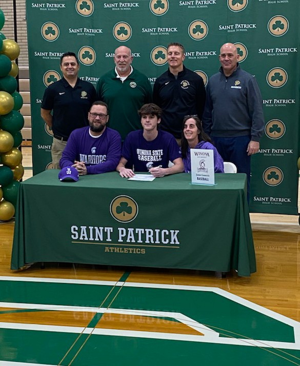 Congratulations To Sr. LHP Jason Gumiela &amp;  His Family. Jason a 6'4"  LHP '25  St. Patrick  HS Signed His National Letter of Intent To Play Collegiate Baseball For Coach Seth Wing and The Winona State University Warriors!  #GoShamrocks #GOWarriors