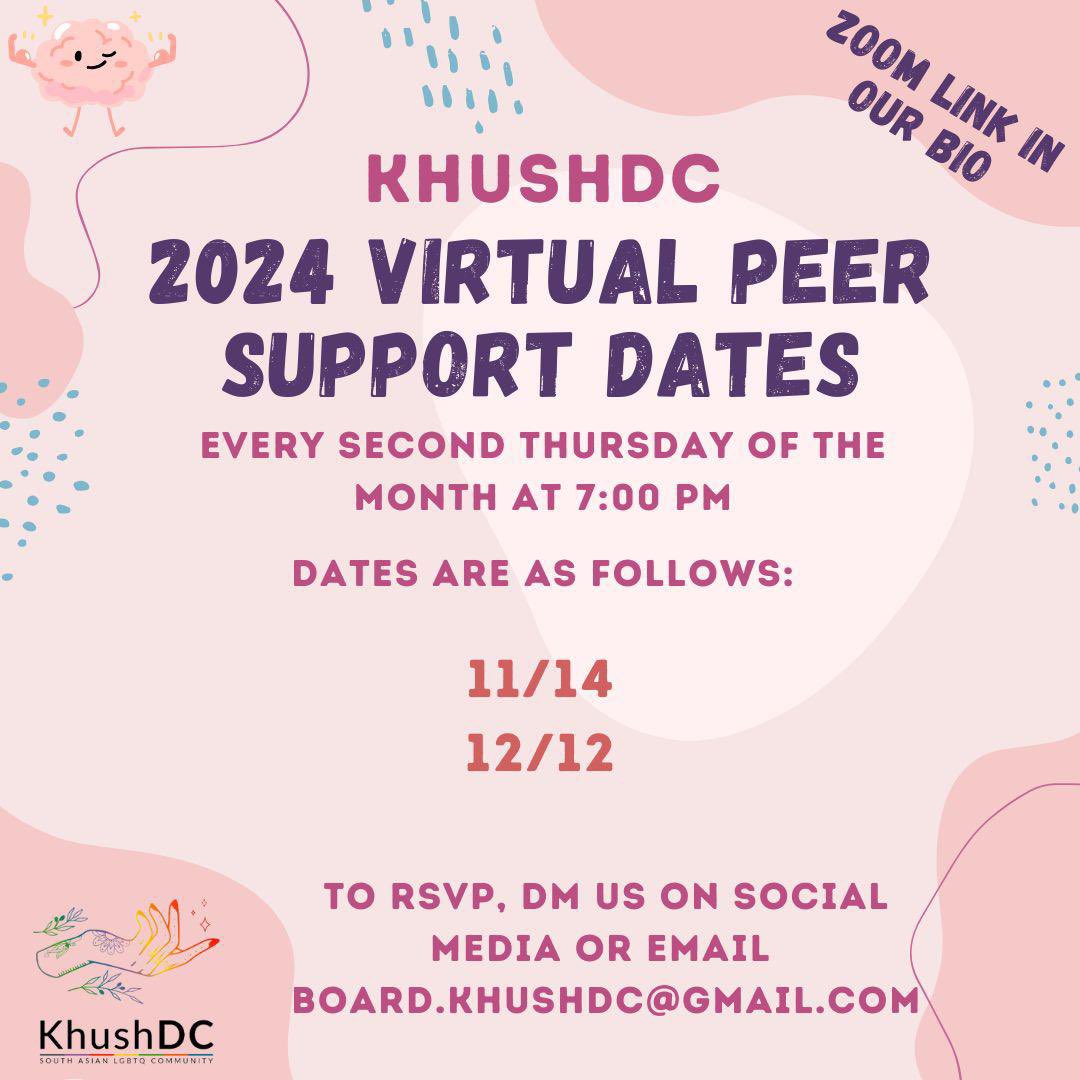 Thursday (tmr), Nov 14 @ 7pm RSVP for <a href="/KhushDC/">KhushDC🌈</a>’s monthly peer support. A Khush DC Board member will be present to decompress and be in community with you. Let's show up for each other!
