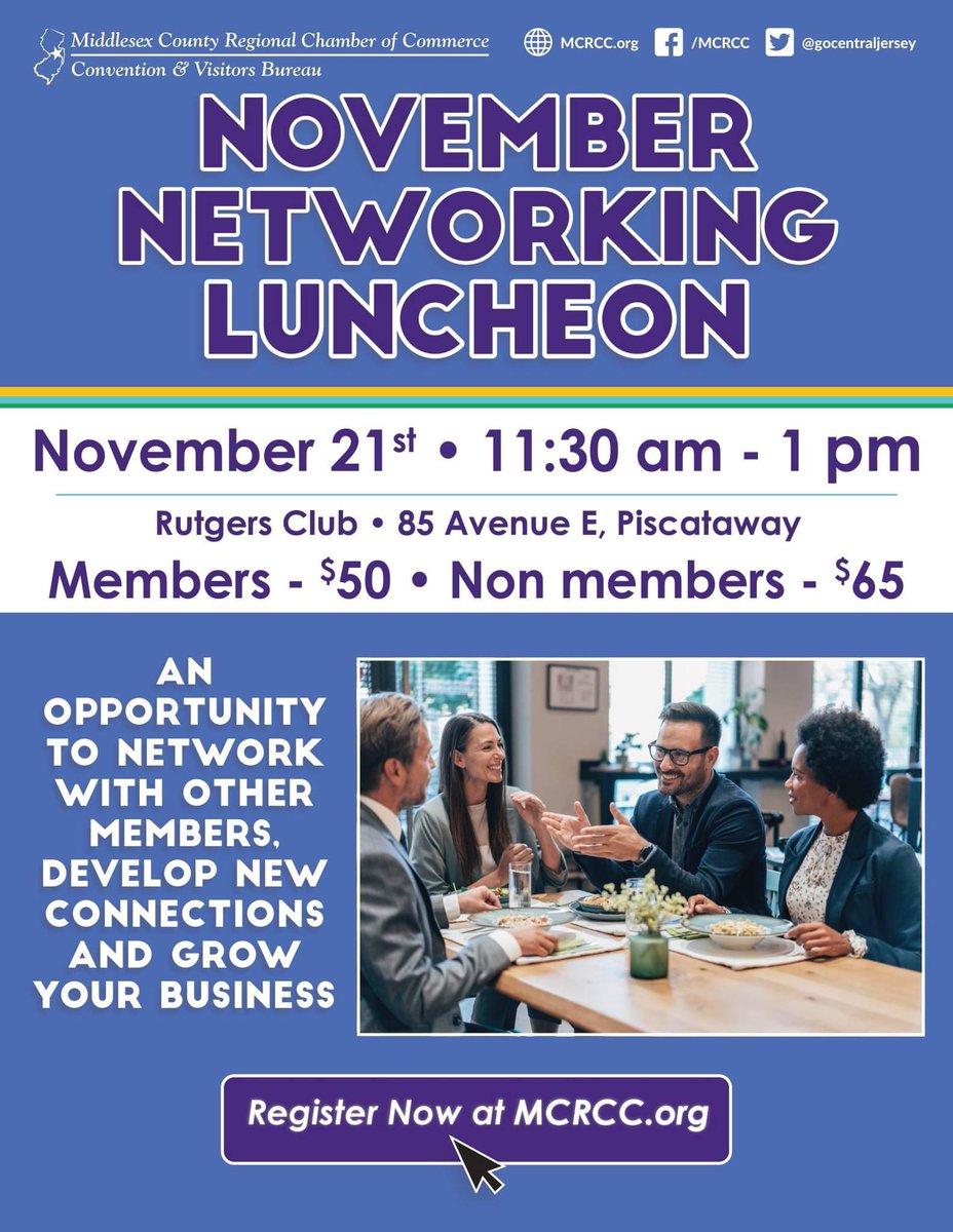Ready to connect with the best of Middlesex County? Join us next week for our November Networking Luncheon!

🗓️ Thursday, November 21st
📍 The Rutgers Club, Piscataway

Register at mcrcc.org/event/november…