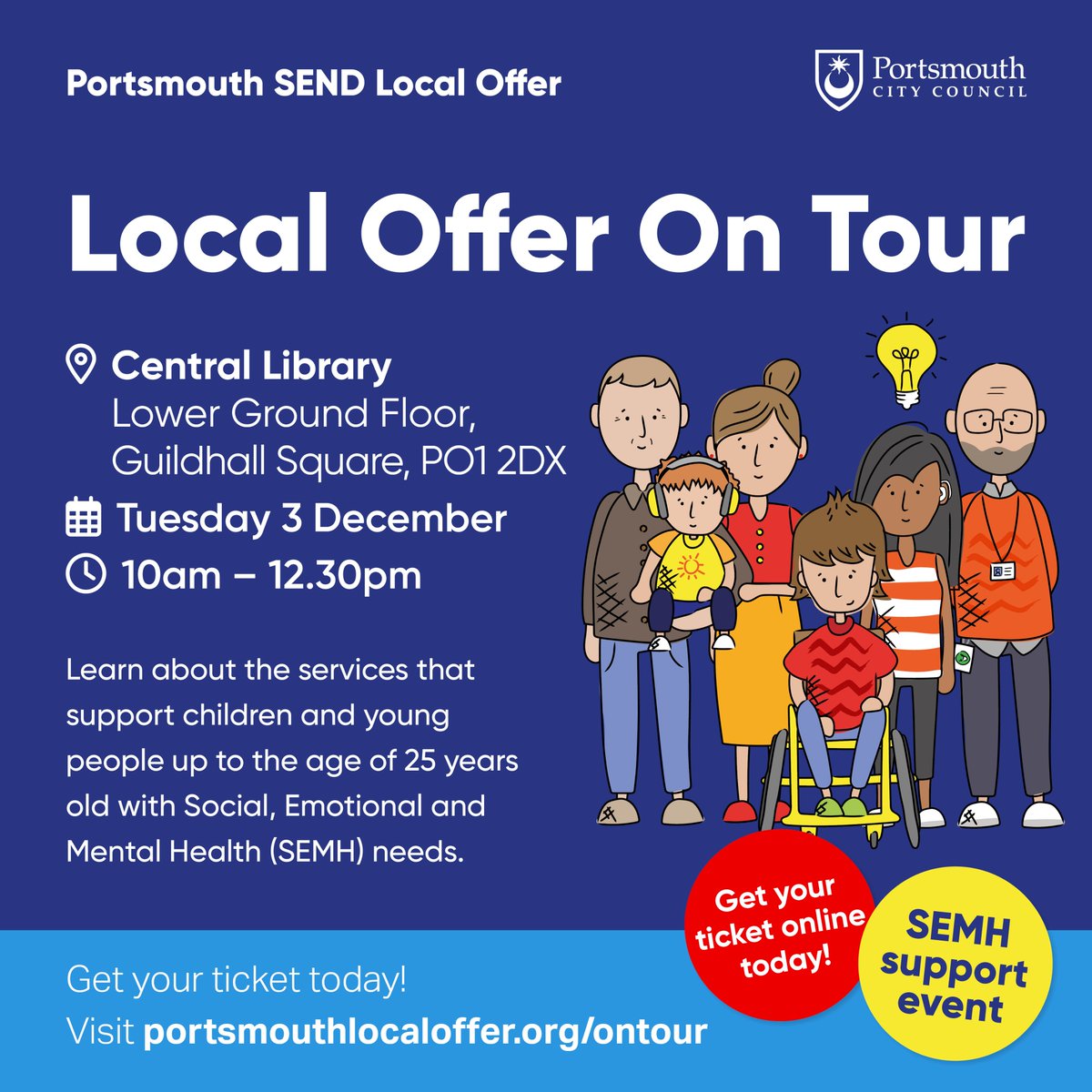 SendLocal's tweet image. Interested in learning more about Social, Emotional, and Mental Health (SEMH) support in Portsmouth? Visit the Local Offer on Tour at Portsmouth Central Library on Tuesday 3 December from 10am-12.30pm.
To book your place and find out more visit portsmouthlocaloffer.org/ontour