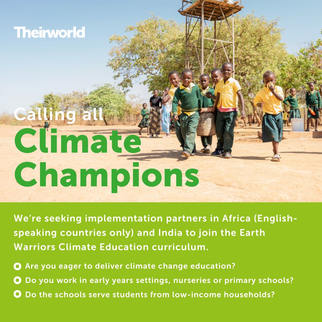 Calling all climate champions 🌍 We're seeking partners in Africa &amp; India to join @‌Earth_Warriors_ Climate Education programme. This unique curriculum uses play-based, solutions-focused learning to teach young children about #ClimateChange. Apply now: ow.ly/Hgig50U6hro
