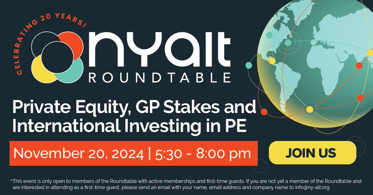 Join NY ALT next Wednesday, November 20, for a program on Private Equity, GP Stakes, and International Investing in Private Equity. Don’t miss this invaluable opportunity to hear from industry leaders and connect with peers in the field!

Register now ➡️ ny-alt.org/events/ny-alt-…