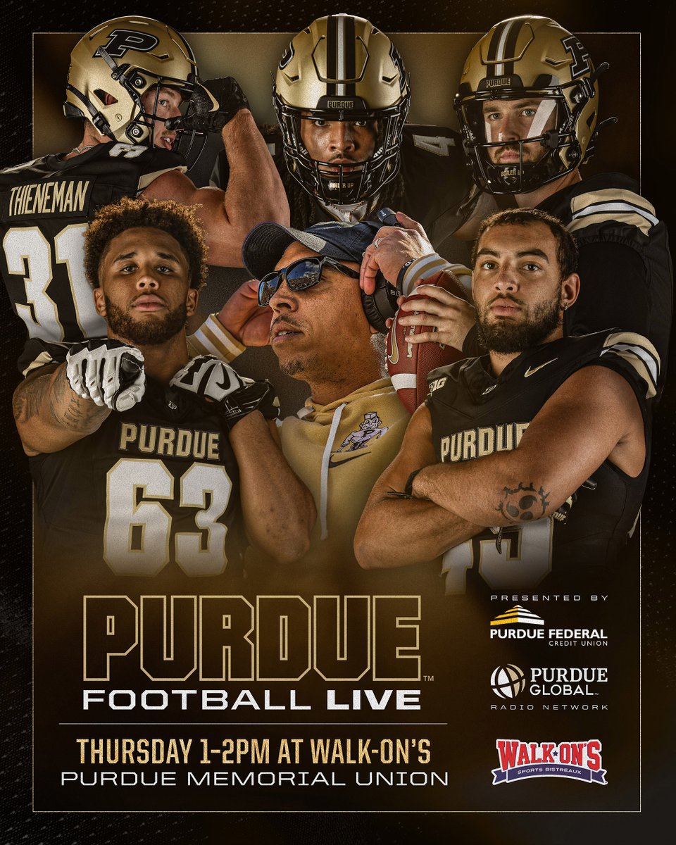 BoilerFootball's tweet photo. Purdue Football Live is at @walk_ons in the @PurdueUnion Thursday with Drew Biber and Hudson Miller joining @Coach_Walters to preview this weekend's matchup.

Due to a scheduling conflict, the show will begin and be live streamed at 1:00PM, while the tape-delayed radio broadcast will start at the usual time of 6:05PM.
