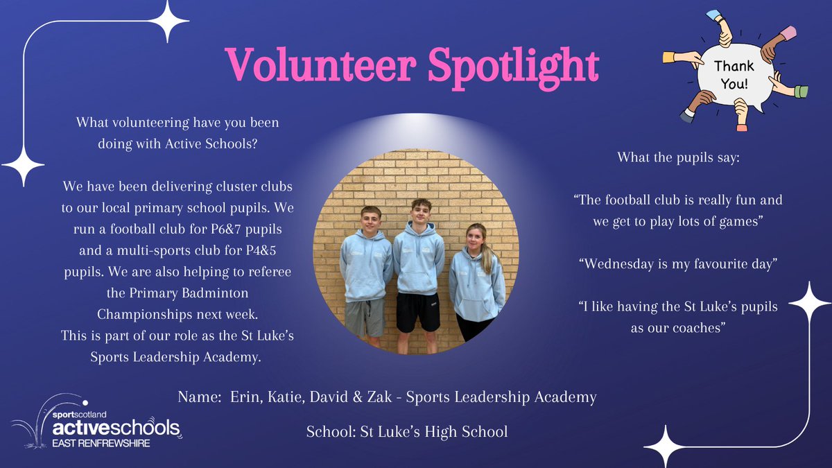 Active Schools East Renfrewshire (@activeschoolser) on Twitter photo 🌟Volunteer Spotlight🌟
The Sports Leadership Academy pupils from <a href="/StLukesHigh/">St Luke’s High School</a> have been delivering cluster clubs to pupils from their local primaries⚽️🤸
Thank you for giving up your time to get more kids, more active 🙌
#ActiveSchools #Leadership 🌟Volunteer Spotlight🌟
The Sports Leadership Academy pupils from <a href="/StLukesHigh/">St Luke’s High School</a> have been delivering cluster clubs to pupils from their local primaries⚽️🤸
Thank you for giving up your time to get more kids, more active 🙌
#ActiveSchools #Leadership