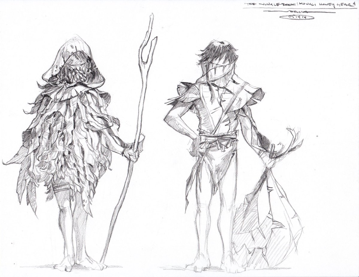 Here are a couple more pencil sketches from Disney’s The Jungle Book of Mowgli as he’s using his human tricks to figure out how he should gear up to get Baloo the honey he needs and protect himself from the angry bees that guard it. 
#thejunglebook
