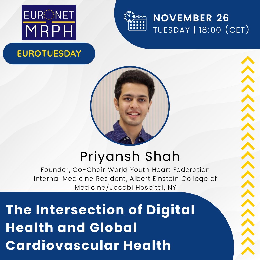 NOVEMBER EUROTUESDAY

On November 26th at 18:00 (CET), we’ll host our November EuroTuesday, where Priyansh Shah will talk about "The Intersection of Digital Health and Global Cardiovascular Health."

Join us on Zoom, link in bio!

We look forward to seeing you on EuroTuesday! ❤️
