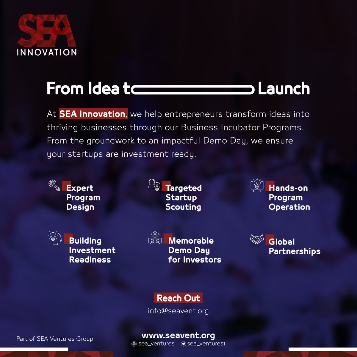 sea_ventures1's tweet photo. At SEA Innovation, we help entrepreneurs turn ideas into successful ventures through our comprehensive Business Incubator Programs.

For more info:
info@seavent.org https://t.co/NlaWwu0qgP