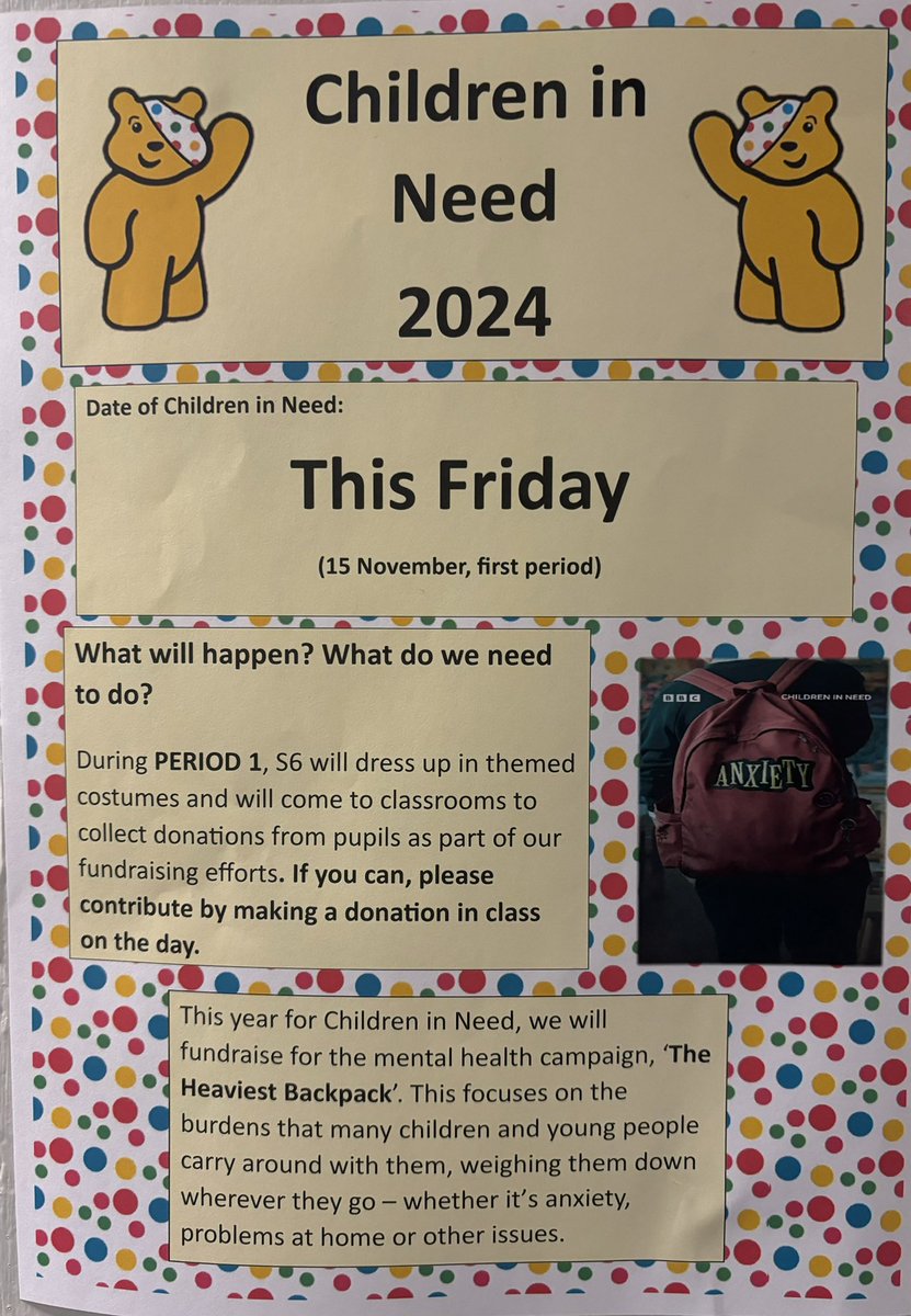 Reminder our S6 pupils are raising funds for Children In Need on Friday. Please bring in any loose change or you can make a donation at anytime via iPayimpact.
