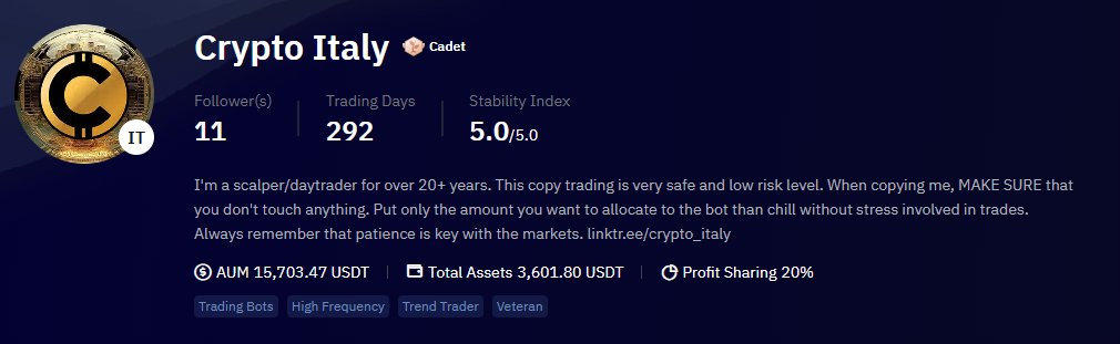 CryptobotItaly's tweet image. The only Master Trader with Stability 5 and 'Veteran' status. Yet, people always chase the steepest equity, unaware that it often doesn’t last in the market, with higher risk and minimal stability. #MasterTrader #RiskManagement #FinancialStability #VeteranTrader @Bybit_Official