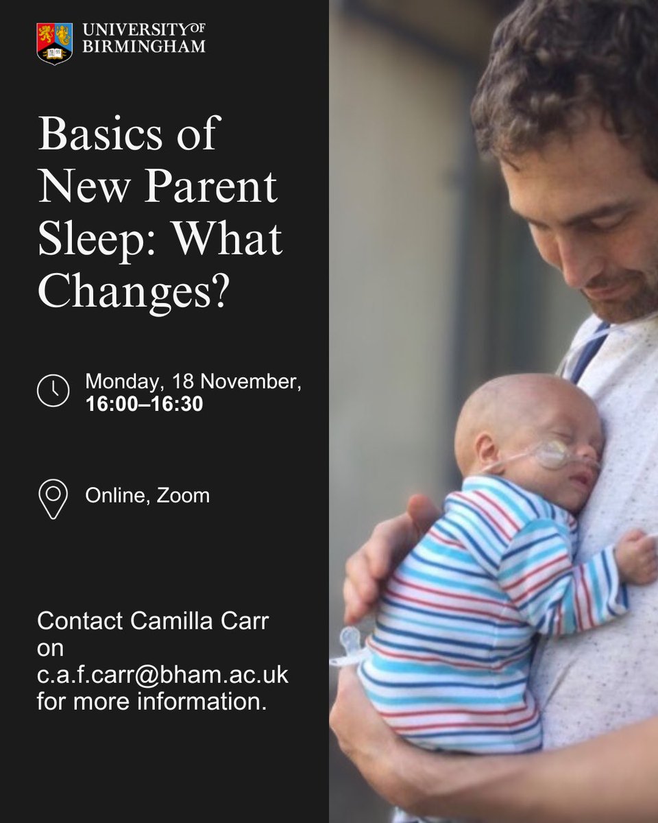 📣 REMINDER 📣 

Our first webinar is happening next week! Join us online to learn more about the basics of new parent sleep 💤

🕓 Monday, 18th November 2024 | 16:00-16:30

📍Online, Zoom 

Link to register: bham-ac-uk.zoom.us/webinar/regist…

<a href="/DrAndrewSurtees/">Andrew Surtees</a>