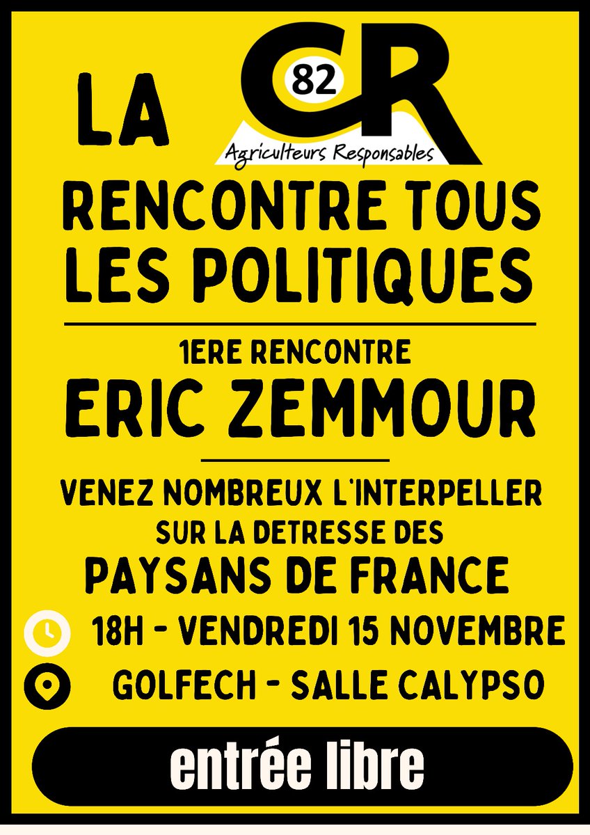 Reconquete_82's tweet photo. Venez rencontrer Eric Zemmour !
Votre fédération vous invite à venir nombreux à la rencontre organisée par la Coordination Rurale 82 avec notre président Eric Zemmour, le Vendredi 15 Novembre 2024 à 18h à Golfech (salle Calypso). Entrée libre.
#Reconquête #Zemmour https://t.co/izF77IgR3u
