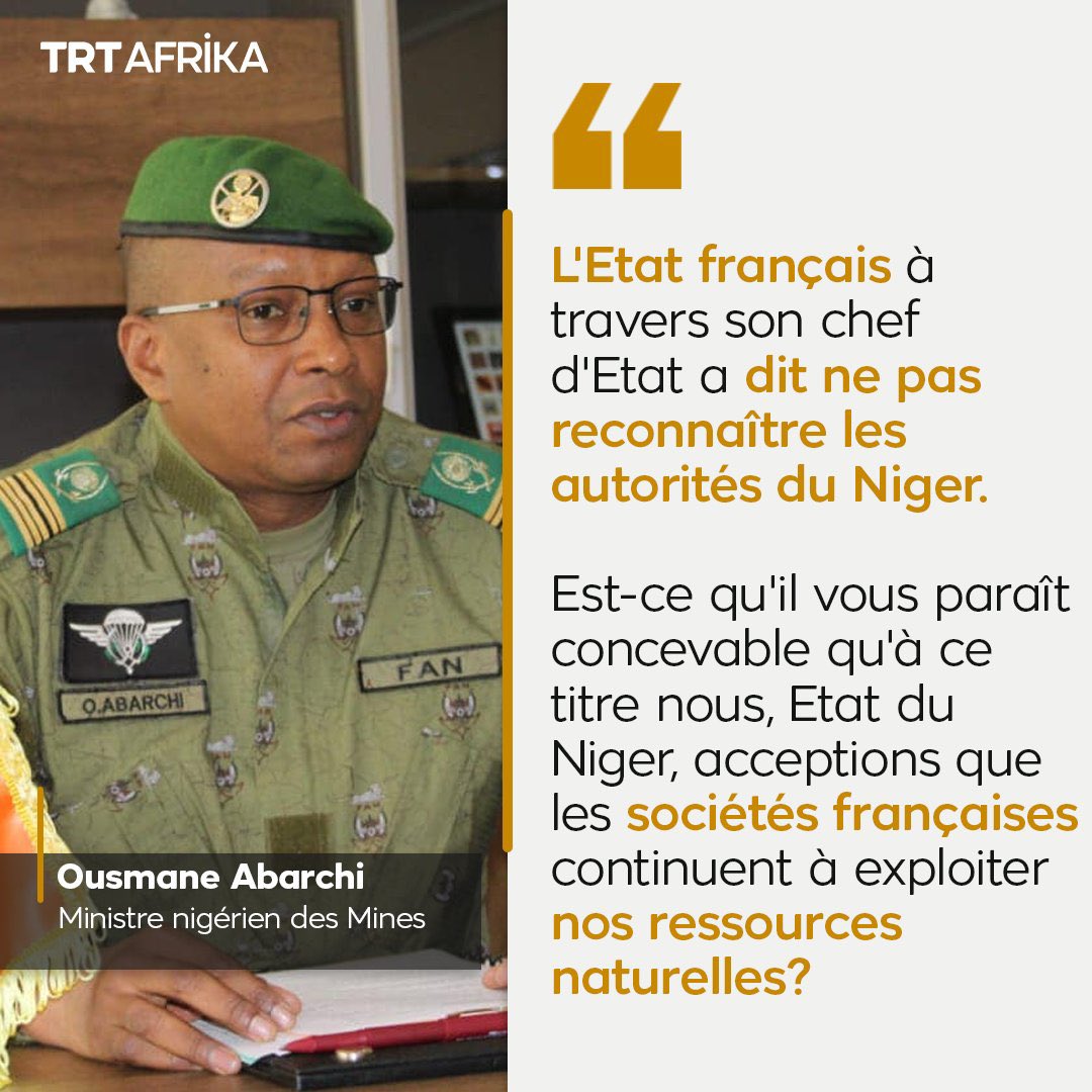 Le #Niger 🇳🇪 invite des sociétés russes 🇷🇺 intéressées par l'exploration et l'exploitation de ses ressources naturelles à venir sur place.

Source : TRT Afrika