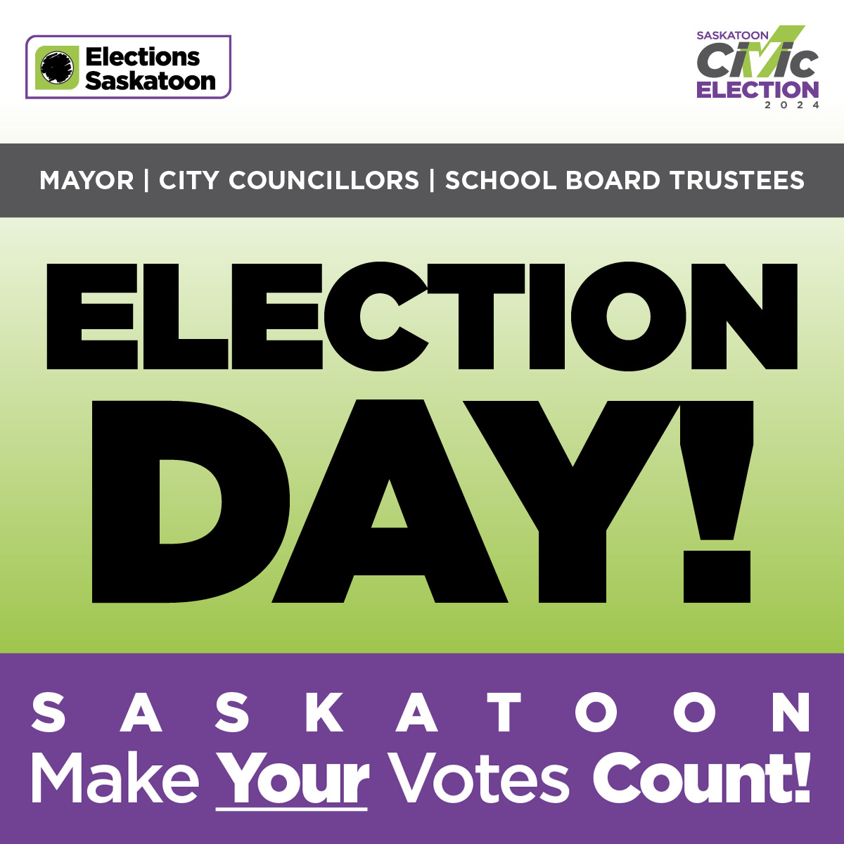 Today is 2024 Civic Election Day! ✅ Polls are open 8 a.m. to 8 p.m.
 
All polling locations have accessible entrances, and service animals &amp; support persons are welcome at all polling locations. ♿🐕‍🦺

🗳️ Find your voting location at: saskatoon.ca/mypoll

#YXEVote2024 #yxe