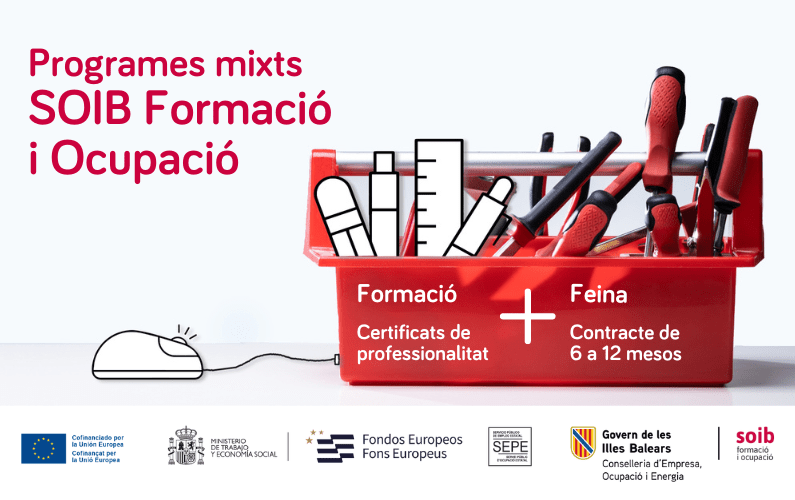SOIBgoib's tweet photo. 🔝Impulsam les oportunitats amb els #ProgramesMixts #SOIB Formació i Ocupació.
Combina formació teòrica i experiència pràctica remunerada en el marc del contracte de formació en alternança. Ofertes actuals a #Mallorca‼
ℹ️✍️ https://t.co/1BbGuCPdXx
#IBfonsEU #ibFSEPLUSeu
➕👇 https://t.co/2WCrkUwpOA