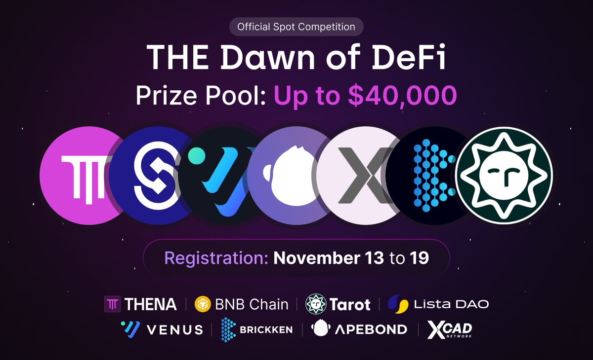 THENA (@thenafi_) on Twitter photo ✨ Following the thrill of the memecoin chapter, it's time for THE Dawn of DeFi with a high-stakes trading competition ft. <a href="/VenusProtocol/">Venus Protocol</a>, <a href="/XcademyOfficial/">XCAD Network</a>, <a href="/lista_dao/">Lista DAO</a>, <a href="/TarotFinance/">Tarot ✴</a>, <a href="/Brickken/">Brickken</a>, and <a href="/ApeBond/">ApeBond</a>!
This is your chance to compete on ARENA, showcase your skills, and win ✨ Following the thrill of the memecoin chapter, it's time for THE Dawn of DeFi with a high-stakes trading competition ft. <a href="/VenusProtocol/">Venus Protocol</a>, <a href="/XcademyOfficial/">XCAD Network</a>, <a href="/lista_dao/">Lista DAO</a>, <a href="/TarotFinance/">Tarot ✴</a>, <a href="/Brickken/">Brickken</a>, and <a href="/ApeBond/">ApeBond</a>!
This is your chance to compete on ARENA, showcase your skills, and win