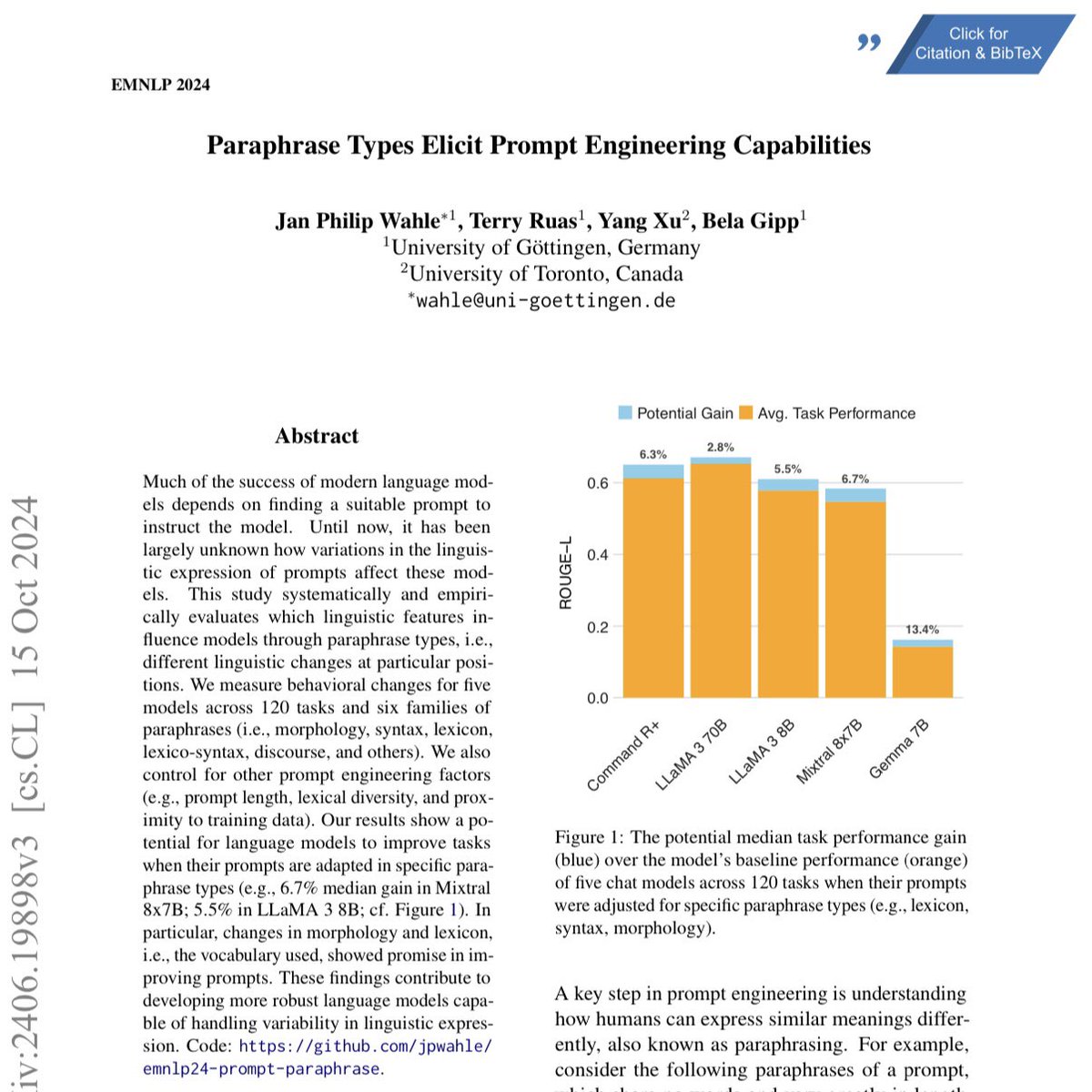 Are you interested in LLM sensitivity, model robustness, and paraphrases?

Stop by at our #EMNLP paper today, Wednesday at 10:30 in the Jasmine hall!

Paper Title: Paraphrase Types Elicit Prompt Engineering Capabilities 

Session 06, Interpretability and Analysis of Models for