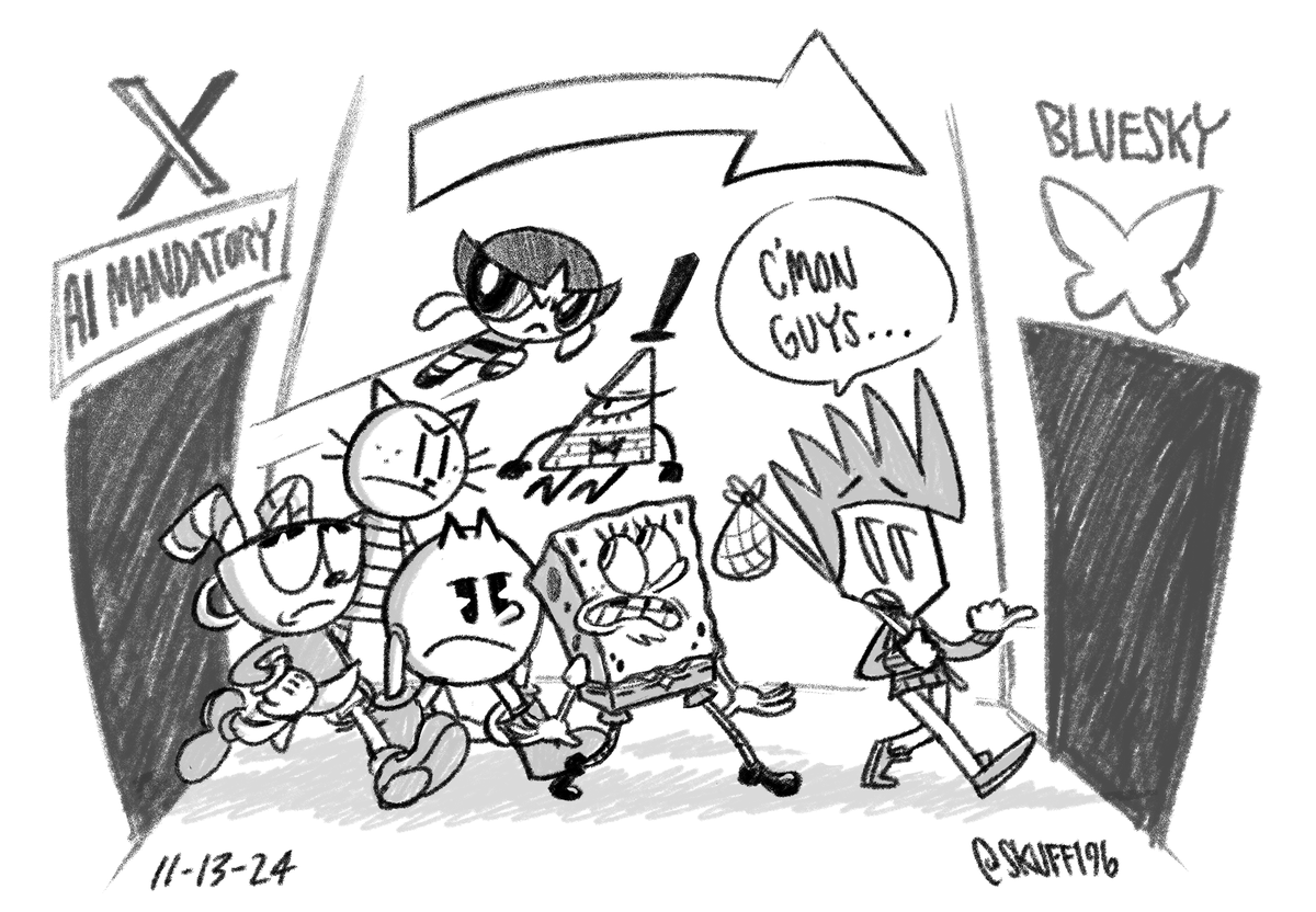 I'm leaving Twitter and headed to the blue place because of the ai policy tos! I'm taking my favorite characters with me! Please follow me there! I'll be finding everyone I can. Lets keep in touch mutuals 💖! I'm also on the other social medias! Bye!