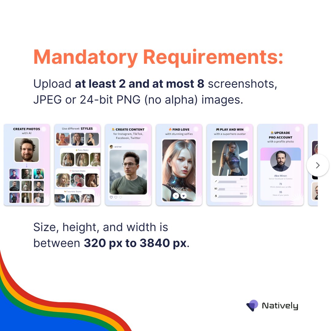 buildnatively's tweet photo. 📲 While @GooglePlay's guidelines are flexible, optimizing your visuals for maximum impact is key to attracting the right audience. We’ve put some of our top recommendations below, find a more detailed guide here: https://t.co/WYS7P8bxbJ
@GooglePlayBiz 
#Natively #MobileAppDevelopment