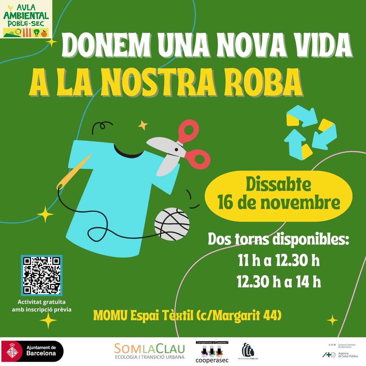 🧵🪡 Vols transformar la teva roba? Porta la peça de roba que vulguis reparar o convertir i ho farem plegades!

📍 Dissabte 16 de novembre a l'espai de Momu (c/Margarit 44). Hi ha dos torns disponibles: d'11h a 12:30h i de 12:30h a 14h.

Inscripcions usem.liberaforms.org/nova-vida-roba