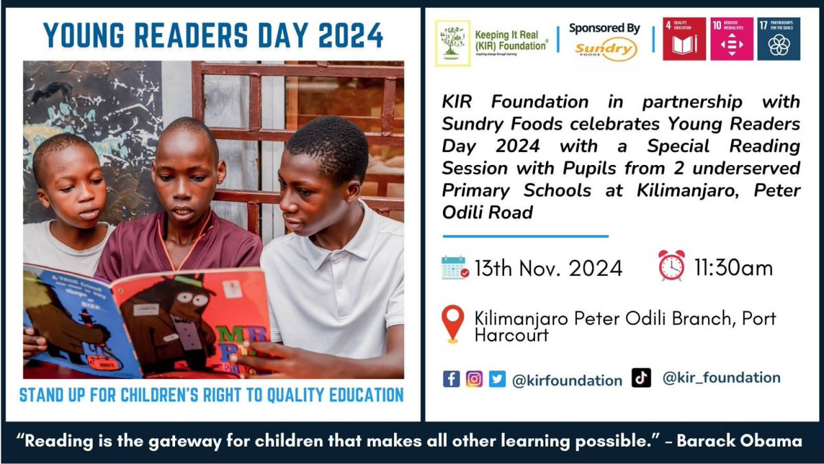 kirfoundation's tweet photo. "Today a reader, tomorrow a leader."
 — Margaret Fuller
 On this #YoungReadersDay, @kirfoundation celebrates the power of reading. 
#JoinUs live today as we partner with @Kilimajaro at Peter Odili  Road to inspire 14 children from 2 public schools to read &amp; lead!
 #InspireToRead https://t.co/PJoHgKe25I