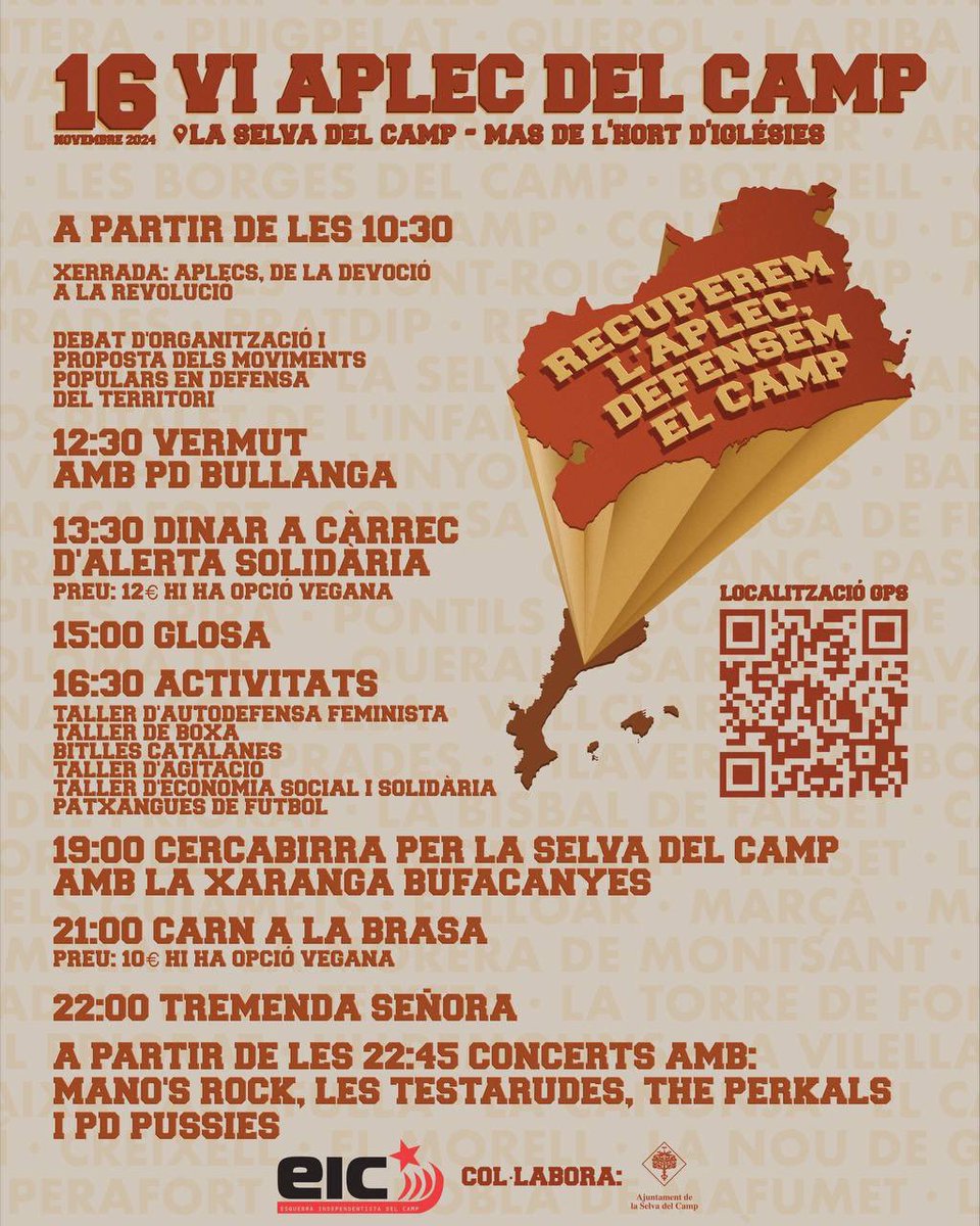 Amb <a href="/altcampnotepor/">L’Alt Camp no té por</a> serem a l'<a href="/aplec_delcamp/">Aplec del Camp</a> per donar a conèixer els casos i la lluita antirepressiva a l'Alt Camp.

També tindrem una paradeta amb material solidari.

Només aconseguint els nostres objectius acabarem amb la repressió. Ens veiem a carrers i places!