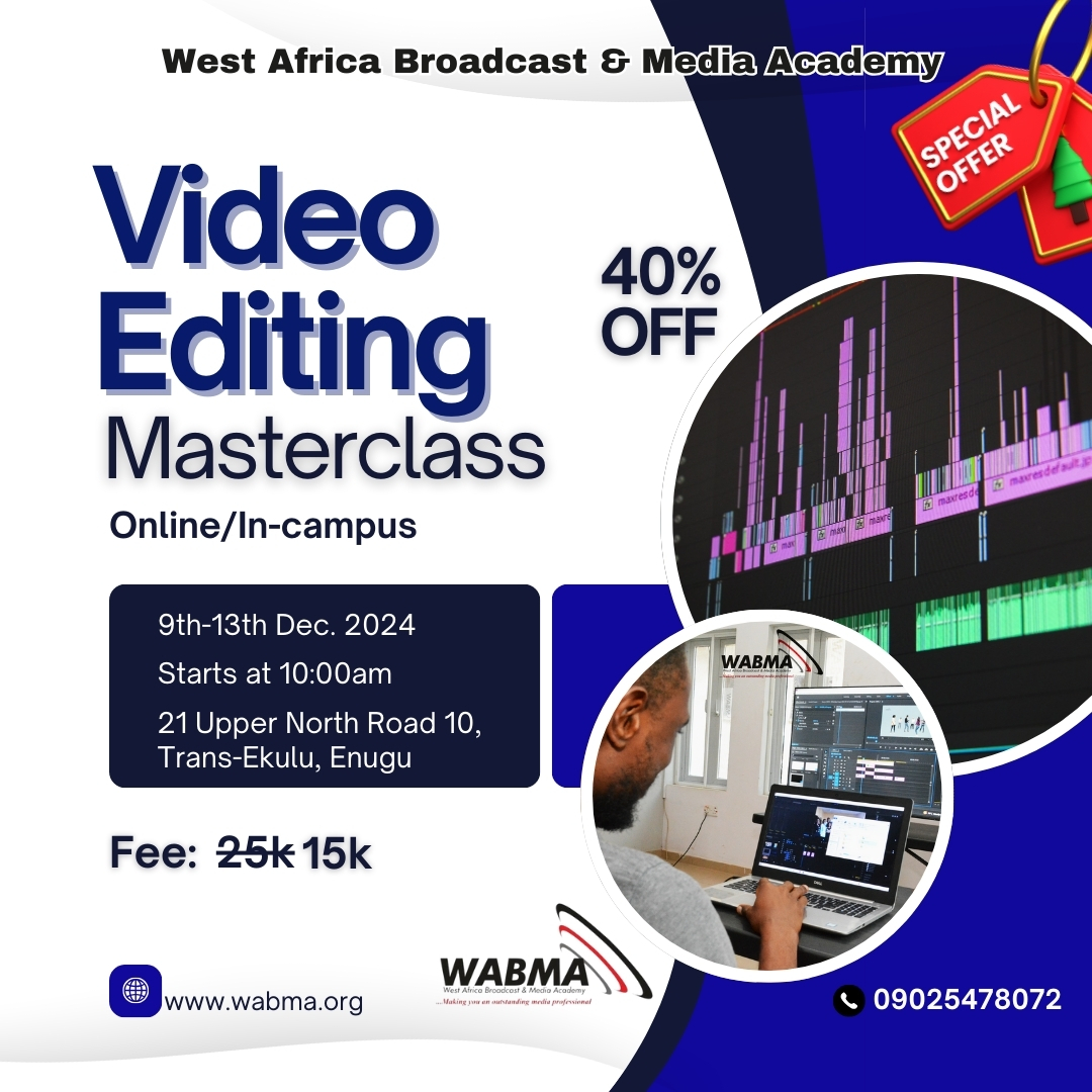 wabmaonline's tweet photo. GIVE YOURSELF THE GIFT OF CREATIVITY THIS CHRISTMAS!
Join WABMA's Video Editing Masterclass (Dec 9-13), 40% Off!
Pay 15K instead of 25K
Enhance your skills, kickstart your career!
Call 09025478072 or visit https://t.co/vyuhBK0AhZ 
#VideoEditingMasterclass #ChristmasOffer #WABMA" https://t.co/lCUa6lUAwp