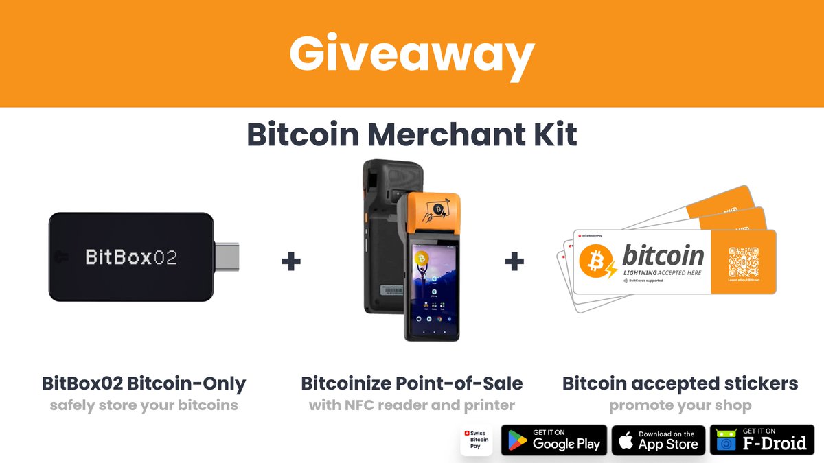 🇨🇭 Swiss Bitcoin Pay (@swissbitcoinpay) on Twitter photo 🎁GIVEAWAY!🎁
We partnered with <a href="/BitBoxSwiss/">BitBox</a> to add native BitBox02 support in our app!🤝
To celebrate, we are giving our new Bitcoin Merchant Kit, which include a BitBox02, a <a href="/Bitcoinize/">Bitcoinize Machine ⚡</a>, and Bitcoin stickers (value: 299 CHF)
To enter:
👉Follow <a href="/SwissBitcoinPay/">🇨🇭 Swiss Bitcoin Pay</a> and 🎁GIVEAWAY!🎁
We partnered with <a href="/BitBoxSwiss/">BitBox</a> to add native BitBox02 support in our app!🤝
To celebrate, we are giving our new Bitcoin Merchant Kit, which include a BitBox02, a <a href="/Bitcoinize/">Bitcoinize Machine ⚡</a>, and Bitcoin stickers (value: 299 CHF)
To enter:
👉Follow <a href="/SwissBitcoinPay/">🇨🇭 Swiss Bitcoin Pay</a> and
