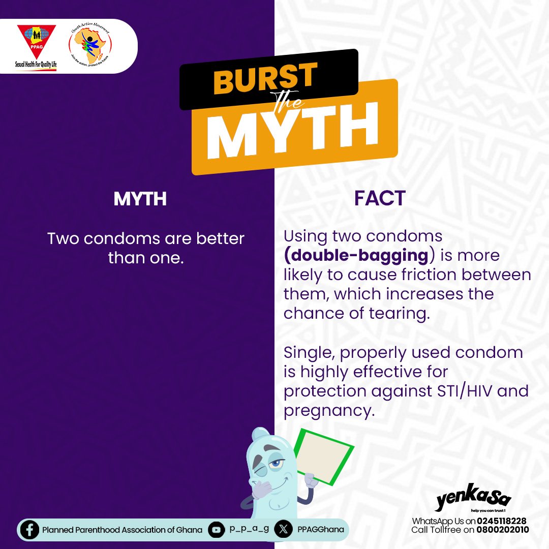 YAMghana's tweet photo. Two condoms are better than one if and only when a condom breaks, rips, leaks or slips off. Then, it's important to always have a back up on hand. When used correctly, a single condom is highly effective for protection against STI/HIV and pregnancy. #BurstTheMyth #SelfCareOptions https://t.co/mweBqQn7yO