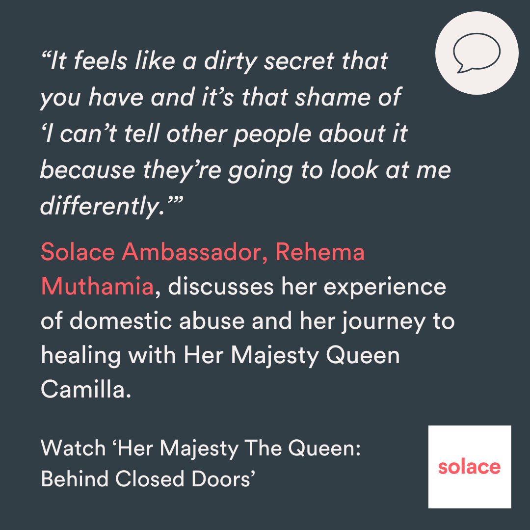 “It’s that shame of 'I can’t tell other people about it because they're going to look at me differently.'” Solace Ambassador, Rehema Muthamia, discusses her experience of domestic abuse &amp; journey to healing with HM Queen Camilla. Watch the documentary here itv.com/watch/her-maje…