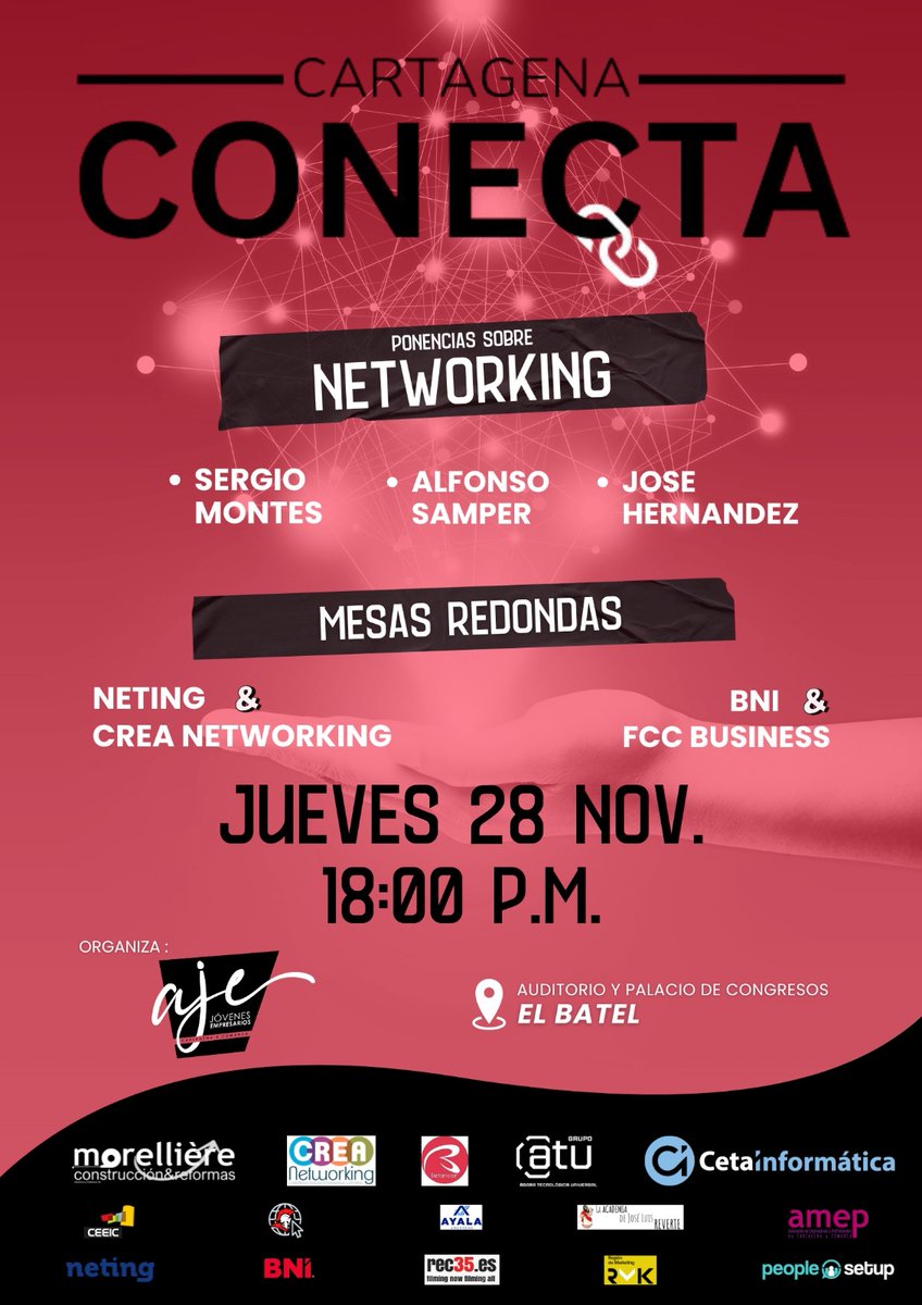 AjeCartagena's tweet image. ✨¡Llega Cartagena Conecta!🚀Un evento de networking para descubrir nuevas estrategias y oportunidades.

🗓 Jueves, 28 de noviembre
🕕 18:00
📍Auditorio y Palacio de Congresos El Batel

Tarde de aprendizaje, conexión y cocktail final 🥂 para intercambiar ideas. ¡No te lo pierdas!
