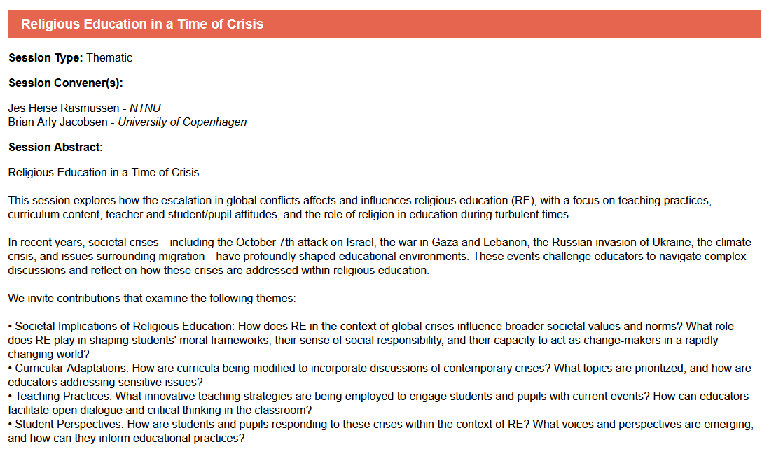 jesheise's tweet photo. Excited to lead a session with @BrianArlyJac at the ISSR conference in Kaunas (June 30-July 4, 2025) on "Religious Education in a Time of Crisis." We’ll explore how global conflicts shape RE practices, curricula, attitudes. Abstracts due Dec 20! #ISSR2025 #ReligiousEducation https://t.co/Tk82pbjBla