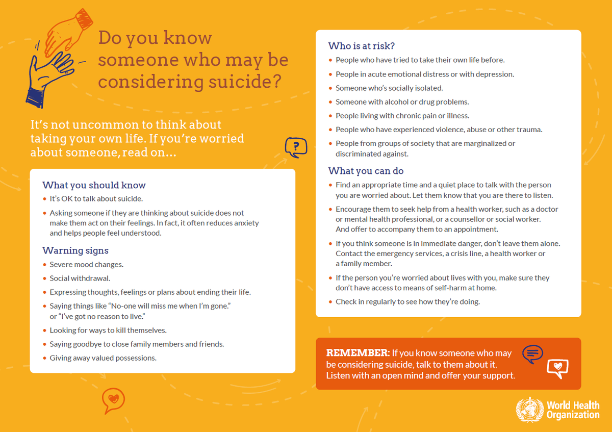 WHO's tweet photo. #SuicidePrevention: It can be difficult to know what to say or do when someone you love is struggling to cope.

Reach out, ask them how they are feeling, listen with an open mind, and offer your support https://t.co/Z7pUuqpO9g https://t.co/R11hxEVbHJ