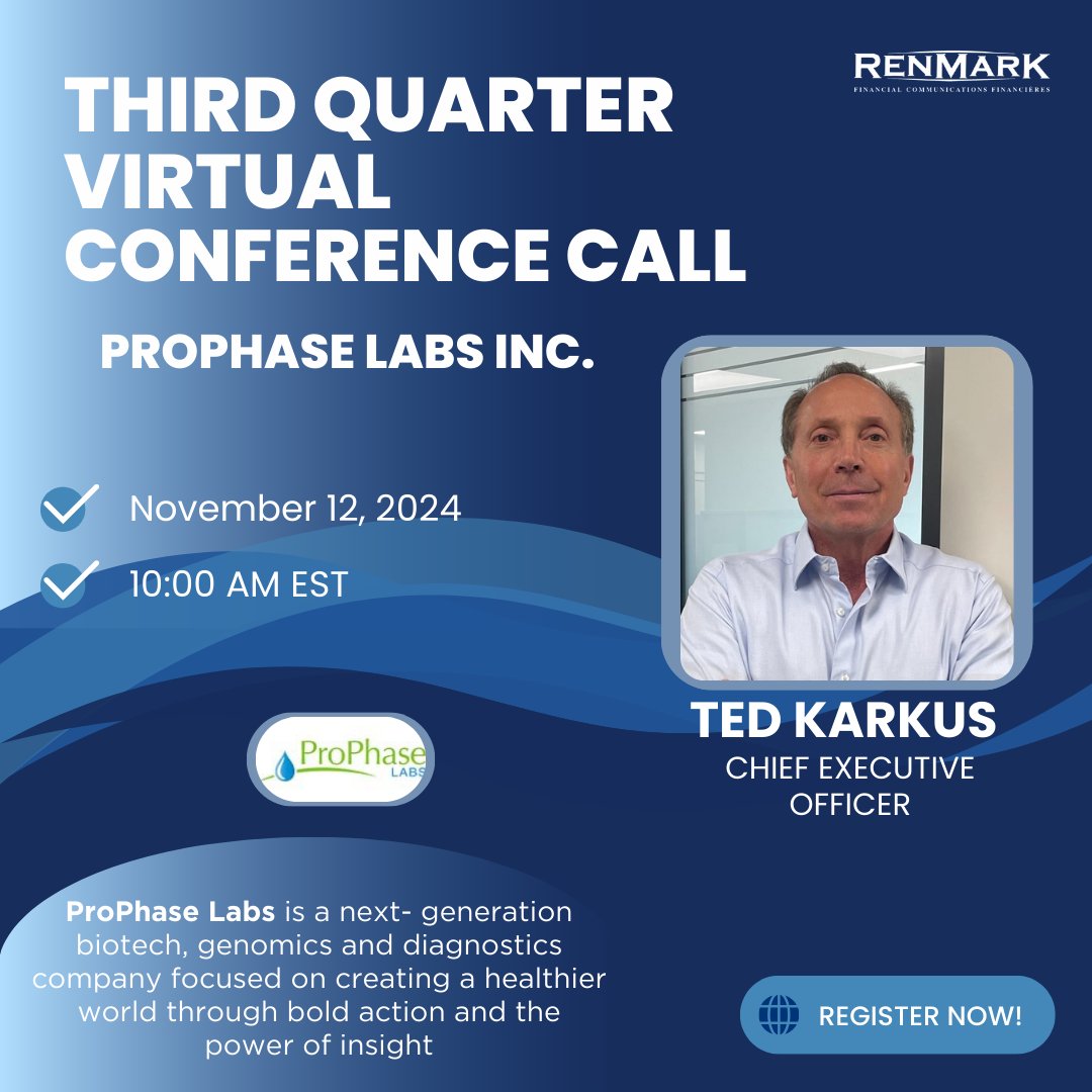 RenmarkMedia's tweet image. We're excited to host ProPhase Labs Inc.'s Q3 Virtual Conference Call, bringing you their latest insights. Secure your spot and join us for an in-depth look at what’s ahead! #RenmarkQuarterly

Registration:
PRPH: ow.ly/eVyS50U4zOp

#PRPH #biotech #genomics