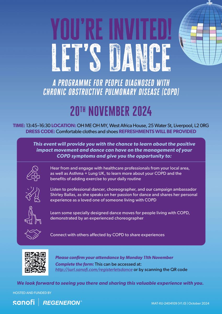 asthmalunguk's tweet photo. Do you have COPD?

@SanofiUK and @Regeneron are hosting an event in Liverpool for people with COPD. Tv Judge @ShirleyBallas will share her personal experience as a loved one of someone living with COPD. You can also connect with others. Sign up here: https://t.co/oMzS9jpJy0 https://t.co/c8aUrL9PtI