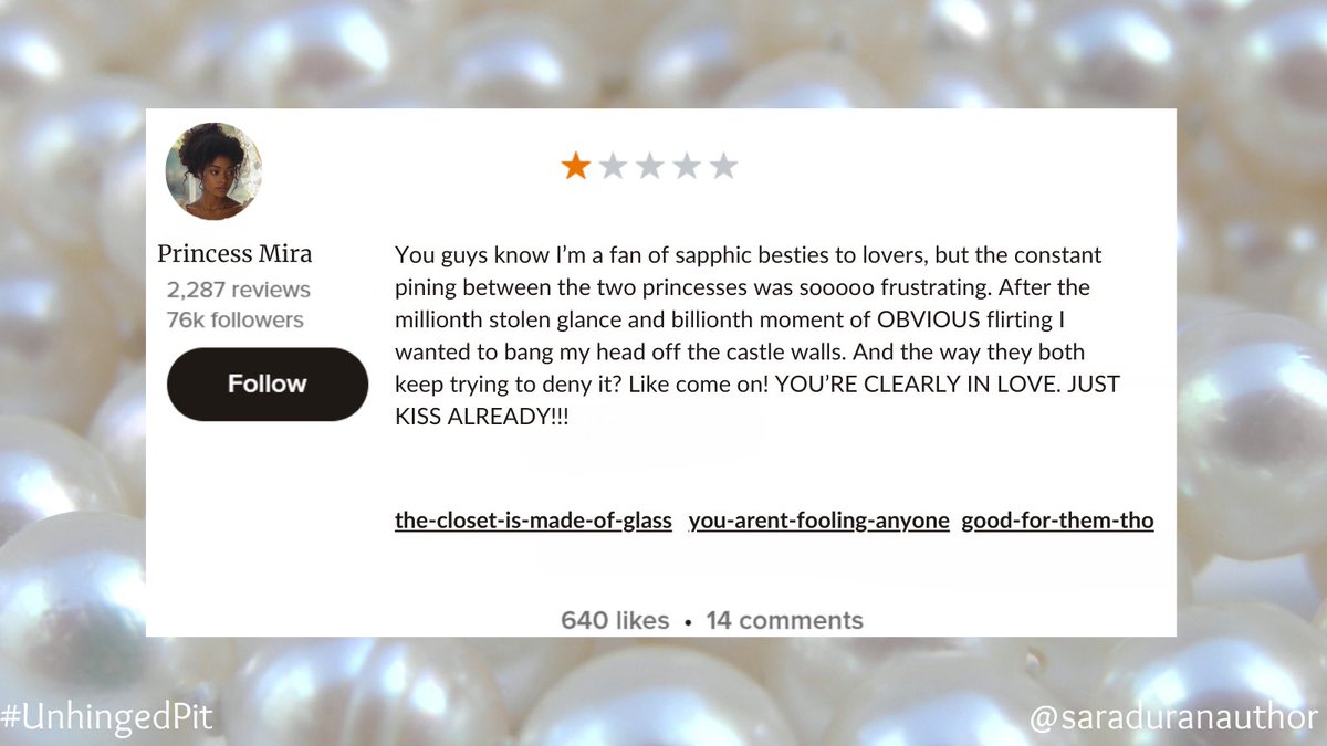 saraduranauthor's tweet photo. I know authors need to have tough skin, but was it really necessary for my characters to leave these one star reviews on goodreads?! 

#UnhingedPit #YA #F #R #LGBT #W https://t.co/x4W4dy6Bx8