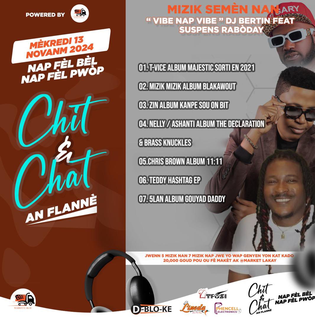 BernadinValeus's tweet photo. Lis mizik nou ap jwe yo nan Chit&Chat An Flannè pou Mèkredi 13 Novanm 2024 la  ap soti nan Album/Atis sa yo.

Lis Jodia se yon fanatik show a ki te fèl pou nou 😊

Al tande yo epi devine 5 mizik ou panse map jwe yo pou ou ka genyen 20K goud pou ou fè market nan @marketlakay.

Nap fèl bèl nap fèl pwòp.

An Flannè 😎