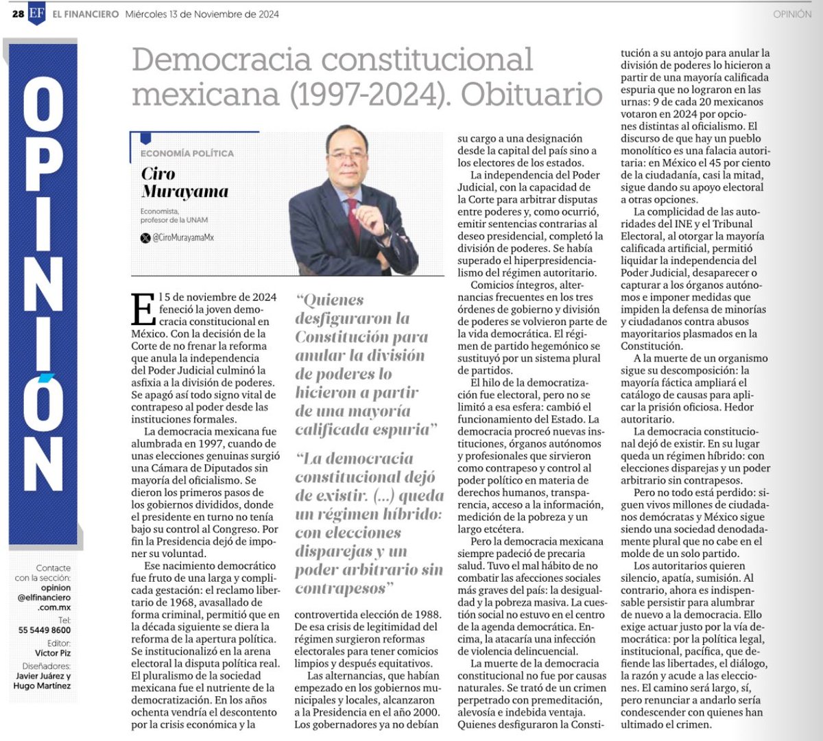 Obituario: democracia mexicana (1997-2024).

Mataron a la división de poderes y todo contrapeso formal.

Fue un crimen de una mayoría calificada espuria: 45% votó por la oposición.

Pero quedan vivos millones de demócratas.

Mi texto en <a href="/ElFinanciero_Mx/">El Financiero</a>👇
elfinanciero.com.mx/opinion/ciro-m…
