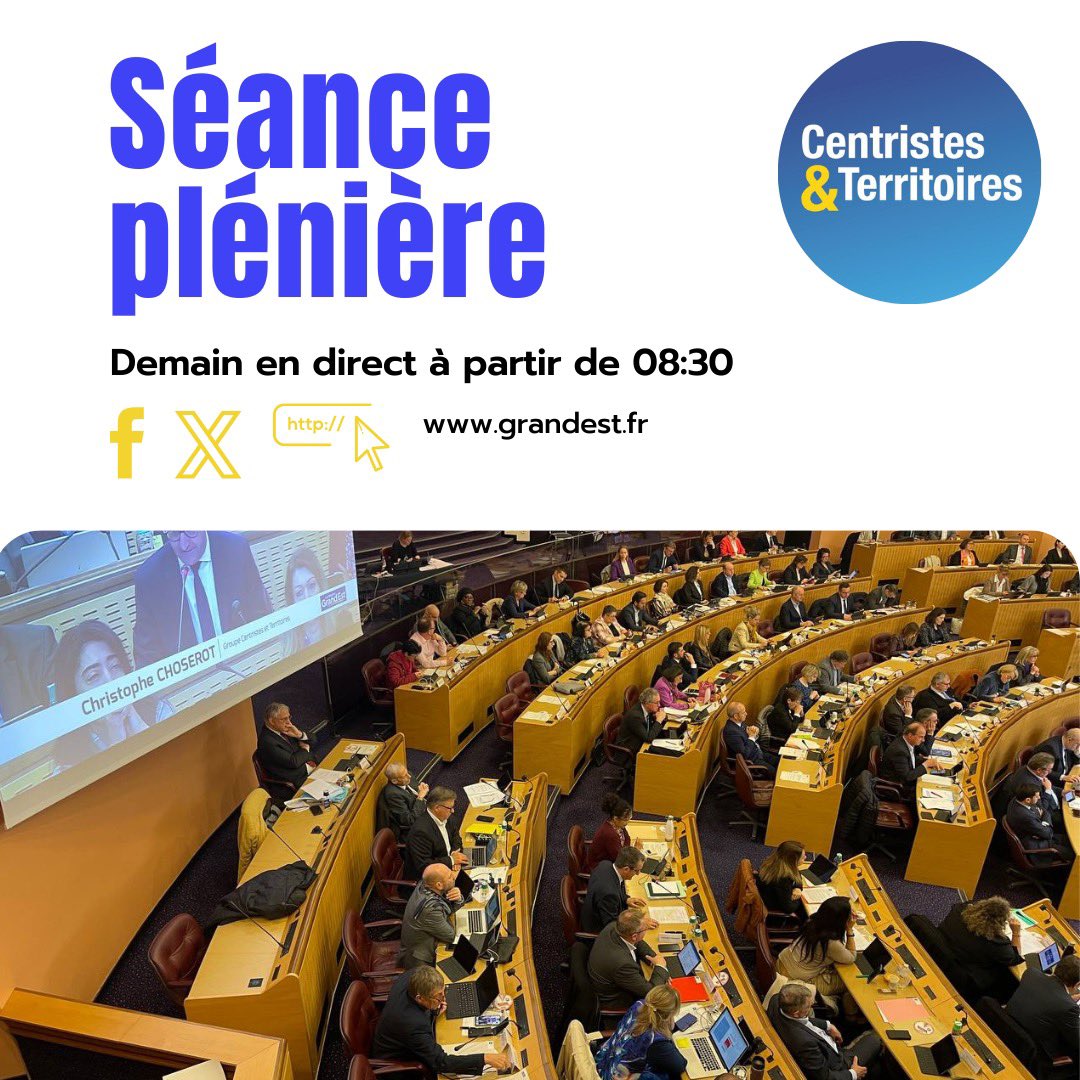 Elus_ForceTerri's tweet photo. 🏛️ Séance plénière de la @regiongrandest 

🗣️ Suivez toutes les interventions du groupe Centristes et Territoires demain à partir de 8h30 

👉 #EnDirect sur https://t.co/CHumk3CMH9 
👉 Sur nos réseaux avec #SPNov24 

📚 À l’ordre du jour: 
▪️Orientations budgétaires 2025 
▪️Décision Modificative pour 2024 
▪️Rapport sur la situation en matière de développement durable 2024 de la Région Grand Est 🌿
▪️Création de l’Observatoire Régional de l’Eau 💧
▪️Contrats de filière en #agriculture 🍇
▪️Rapport annuel sur la situation en matière d’égalité entre les femmes et les hommes 🤝
▪️Appel à Manifestation d’Intérêt – AMI Bus Santé 🚌
▪️Présentation de la mesure du Pacte pour les ruralités intitulée « Coup de pouce rural » 🏠
▪️Convention d’application Région – Région Académique et Préfecture de Région définissant le programme pluriannuel de développement et de transformation de l’offre de formation professionnelle initiale scolaire 🏫