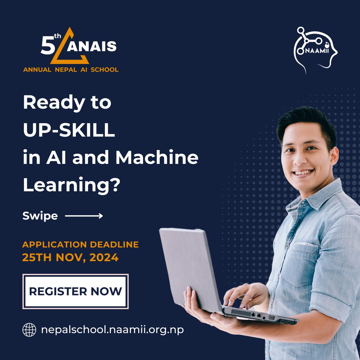 naamii_nepal's tweet photo. Stay ahead in tech and stay relevant in the ever-evolving world of AI, join ANAIS 2024!

Register here: https://t.co/EapvhLNcmA
📅 Application Deadline: November 25, 2024
🌐 Open to National and International Participants
For More information: https://t.co/6gXquFvhuG https://t.co/HZNb4E1ZGU