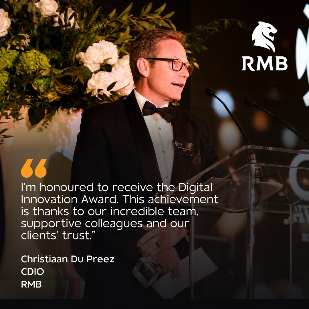 RMBCIB's tweet photo. We are proud to announce that Christiaan Du Preez, RMB’s Chief Digital and Information Officer, received the Digital Innovation Award for 2024 by CIO SA. Read more: https://t.co/QfLbg8l00T. #CIOAwards https://t.co/psCgZtepe3